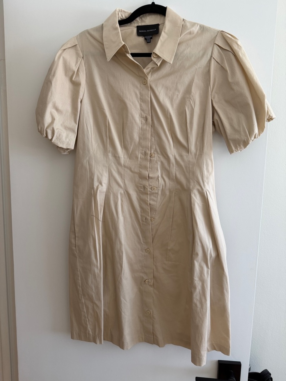 Donna Morgan Beige Button-Front Puff Sleeve Mini Dress